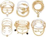IFKM 6 PACK (24 PCS) Boho Gold Chain Bracelets Set for Women Girls, 14K Gold Plated Multiple Layered Stackable Open Cuff Wrap Bangle Adjustable Link Italian Cuban Jewelry for Women Girls Gift…